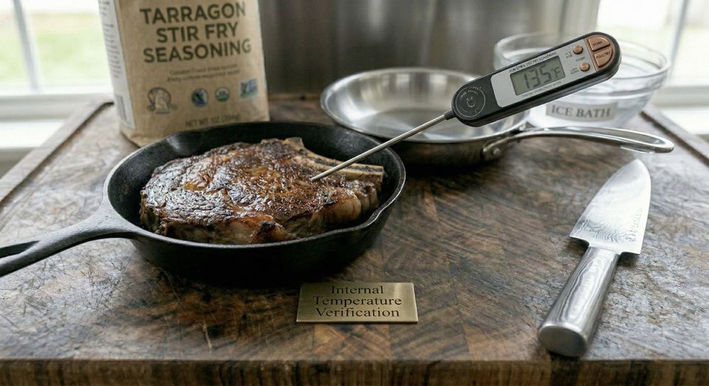 Instant-read thermometer next to a perfectly seared steak