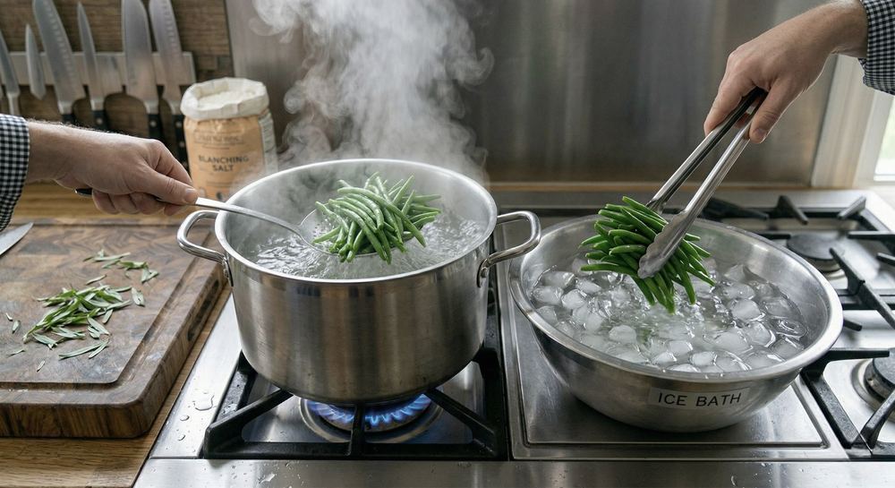 Green beans being blanched in boiling water then shocked in an ice bath showing the two-step blanching process