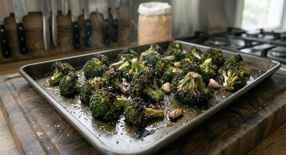 Broccoli florets roasting at 425°F showing the charred tips and caramelized edges that indicate perfect doneness