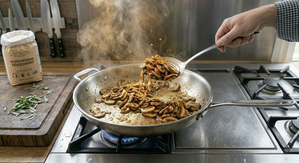 Mushrooms in a hot pan with deep golden color showing the Maillard reaction and proper moisture evaporation