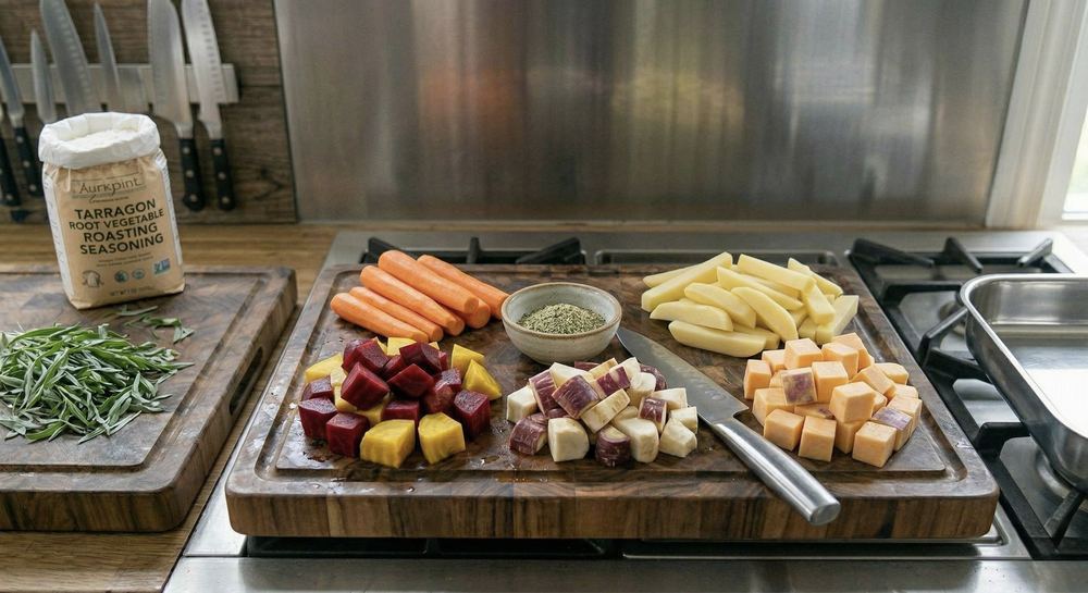 Various root vegetables cut and prepared for roasting on a cutting board showing uniform sizing