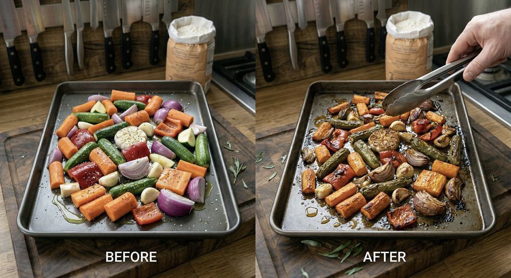 Sheet pan of roasted vegetables showing the golden-brown caramelized results of high-heat roasting