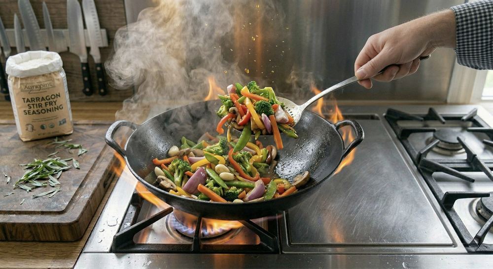 Vegetables stir frying in a wok over very high heat with steam and smoke visible, showing the high-heat quick cooking technique